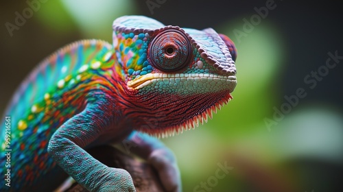 A colorful chameleon is sitting on a branch. The bright colors of the lizard make it stand out against the green leaves