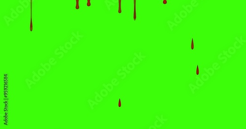 4k Red Blood or Paint Spill, Red blood dripping down along animation on the green screen, Red Spilled Blood Steady, bleeding rendering on the chroma key