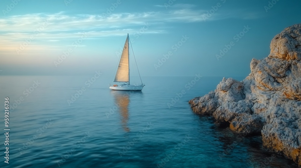 Fototapeta premium Minimalist ocean scene a lone sailboat and calm waters