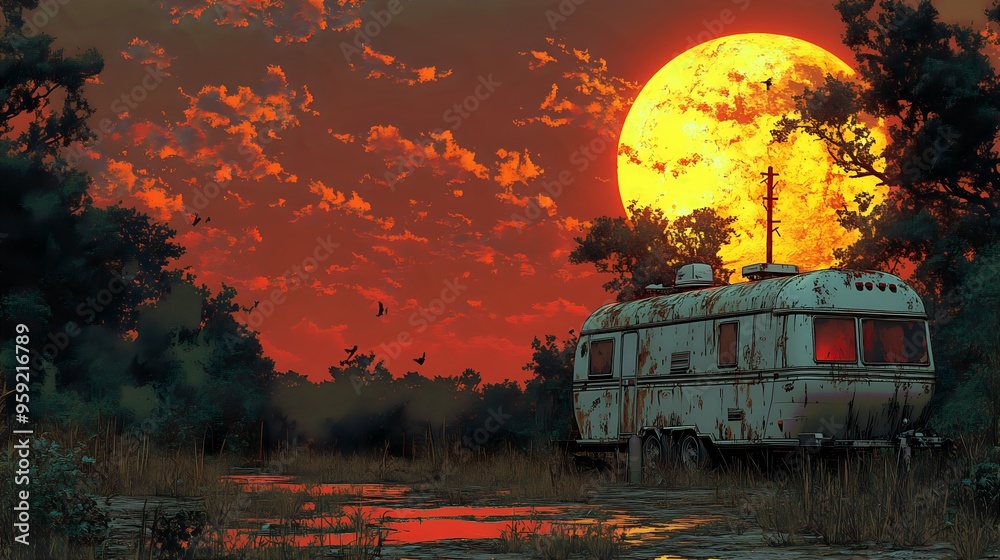 Abandoned Trailer Under Blood Red Sunset Surrounded By Nature Abandoned Trailer Under Blood Red Sunset Surrounded By Nature