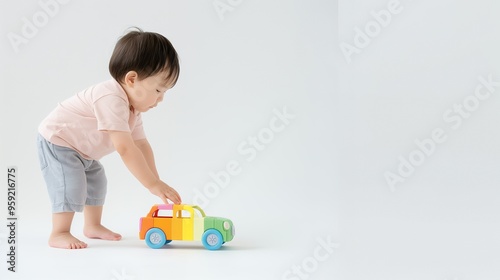 Little asian boy plays pushing a car toy. Isolated on white background.