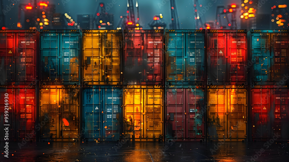 Fototapeta premium Colorful Shipping Containers at Night - 3D Illustration