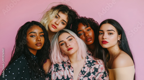 Diverse Group of Young Women Against Pink Background 