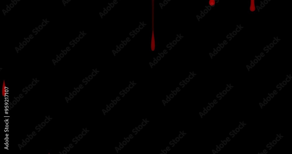 4k Red Blood or Paint Spill, Red blood dripping down along animation on the black background, Red Spilled Blood Steady, bleeding rendering with alpha matte