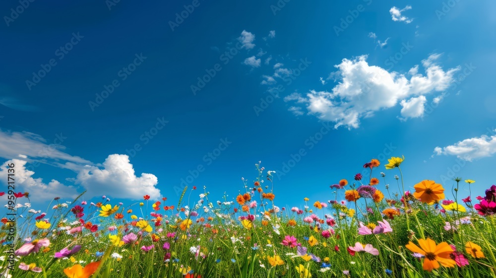 sunny meadow with a blanket of colorful wildflowers, the blue sky above dotted with a few fluffy clouds, creating a cheerful and inviting landscape, with copy space for text sunny meadow with a blanket of colorful wildflowers, the blue sky above dotted with a few fluffy clouds, creating a cheerful and inviting landscape, with copy space for text