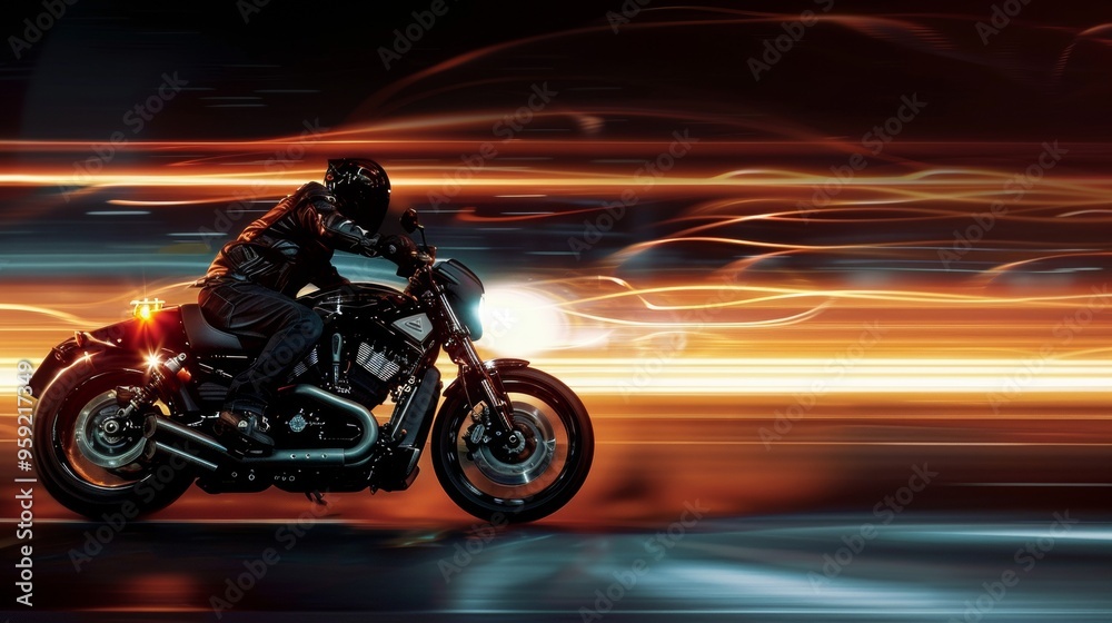 Fototapeta premium man with helmet and black vest driving a motorcycle on the ROAD WITH SWEEPING EFFECT