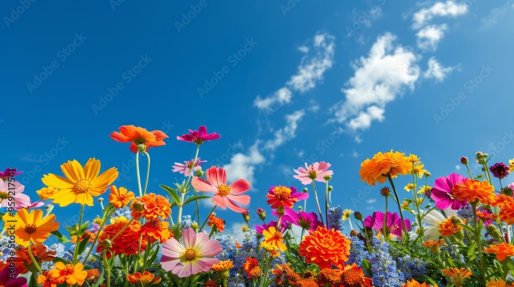 Obraz premium brightly colored summer garden with a variety of flowers in full bloom, set against a clear blue sky with a few fluffy clouds, creating a vibrant and lively scene, with copy space for text