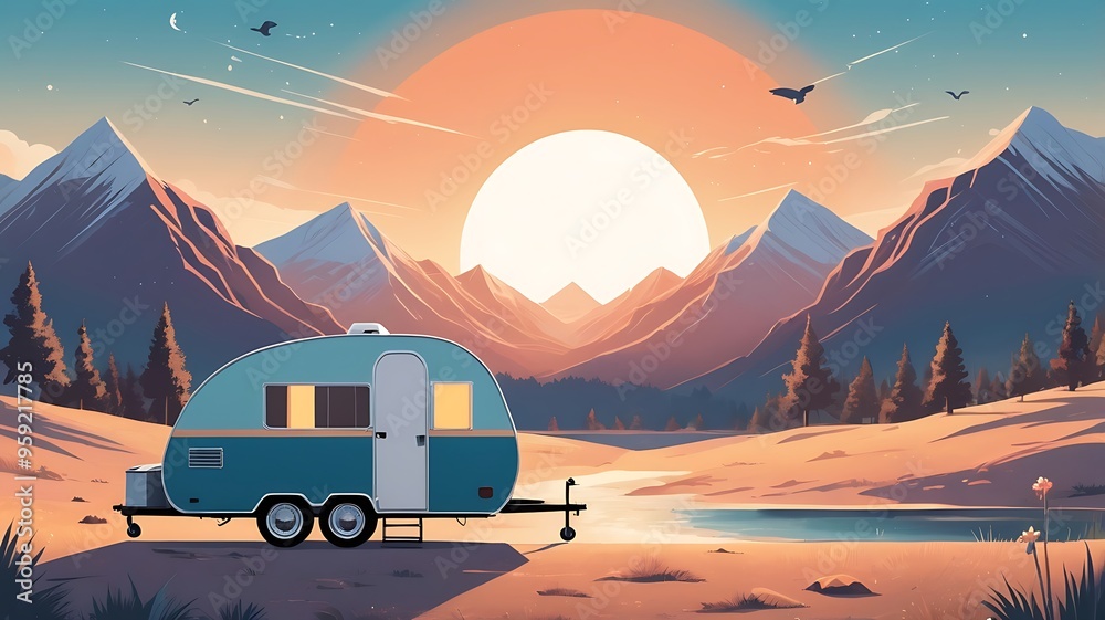 Obraz premium abstract landscape background of a lonely wagon left in the nature with mountains and colorful sky and birds in the sky
