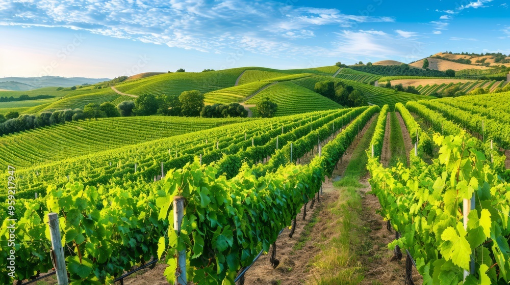 a scenic view of rolling vineyards under a clear blue sky, with ripe grapes ready for harvest and lush green hills in the background, evoking the warmth of summer in the countryside, with copy space a scenic view of rolling vineyards under a clear blue sky, with ripe grapes ready for harvest and lush green hills in the background, evoking the warmth of summer in the countryside, with copy space