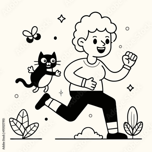 Doodle illustration: how grandma plays sports while her cat happily plays nearby!
