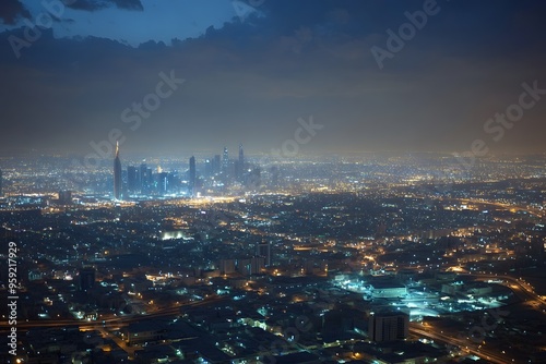 Nighttime Aerial View of a Cityscape with Skyscrapers and Streetlights