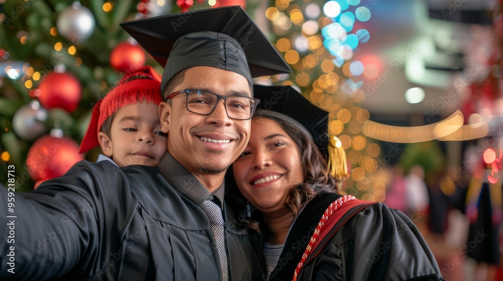 Fototapeta premium graduate taking a selfie with their family, all smiles and wearing graduation attire, with festive decorations in the background, with clear copy space for text
