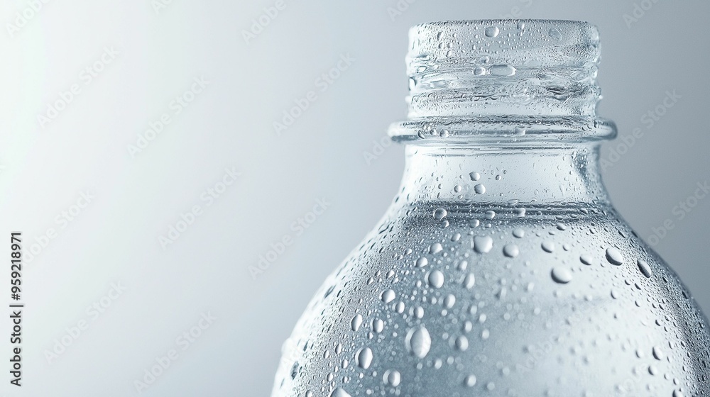 Image of a sealed water bottle, highlighting condensation droplets on the surface of bottle. Image of a sealed water bottle, highlighting condensation droplets on the surface of bottle.