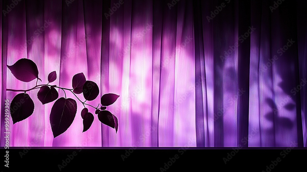 A detailed image of a purple drape with a plant positioned at its center and a backdrop of purple illumination A detailed image of a purple drape with a plant positioned at its center and a backdrop of purple illumination