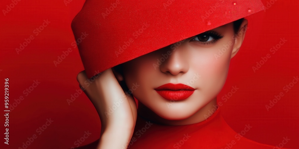 Women in red against a red background wearing a red hat looking at the camera Women in red against a red background wearing a red hat looking at the camera