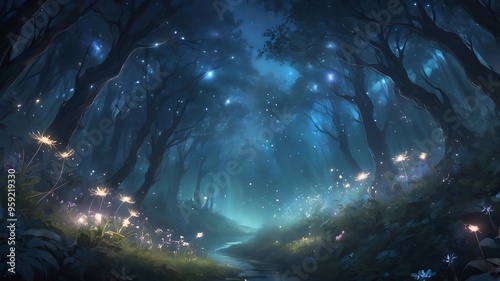 Digital artwork background of a fantasy dream forest landscape with dreamy particles in the air, trees and luminous white flowers in a rich blue theme. 