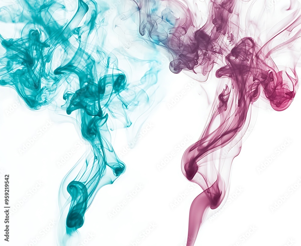 Fototapeta premium Soft whiffs of teal and ruby smoke drift across a bright white canvas.