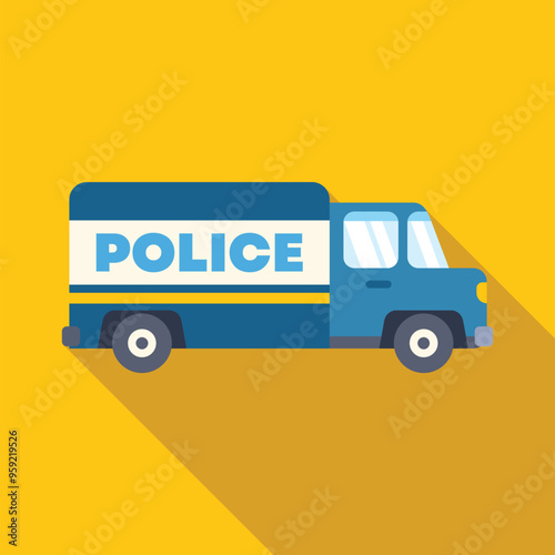 Minimalist vector illustration of a blue police truck parked on a yellow background, ideal for law enforcement or security related projects
