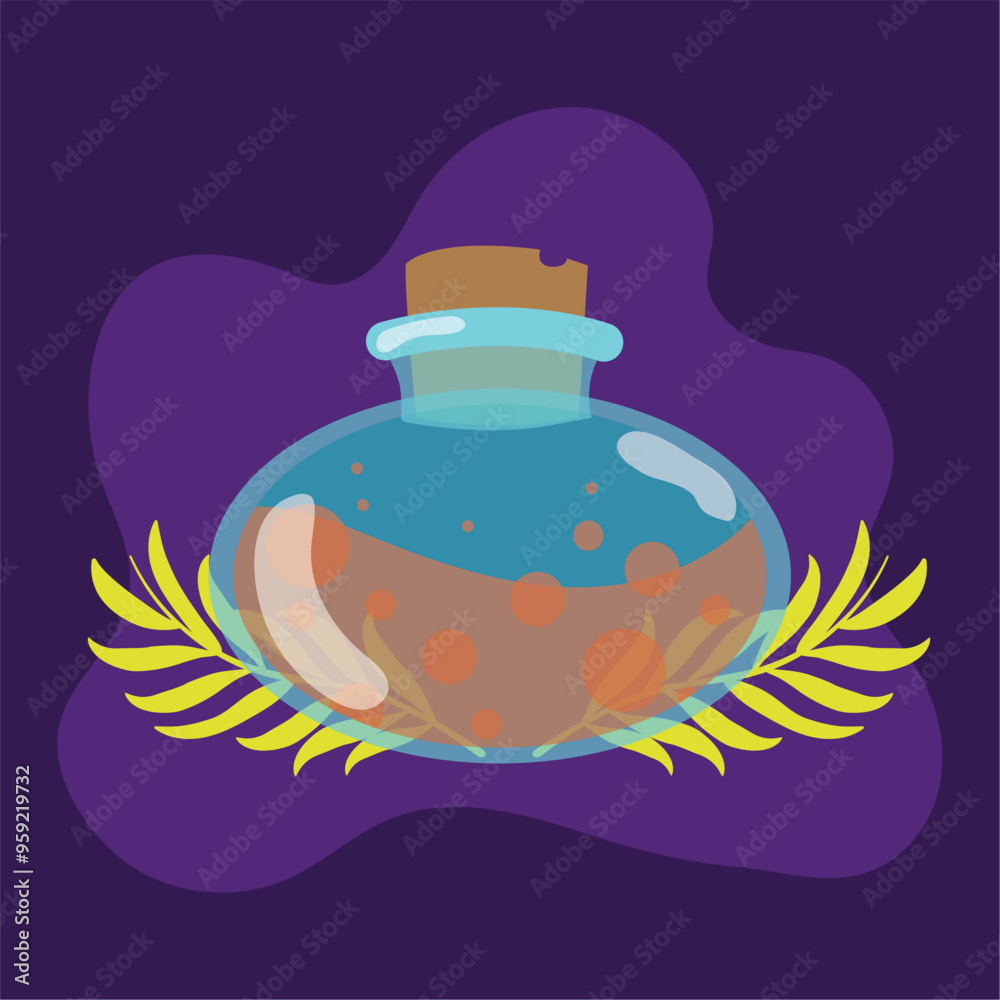 Potion bottle with glowing liquid on purple background Vector Potion bottle with glowing liquid on purple background Vector