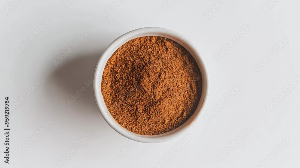 Cinnamon powder top view on white background Cinnamon powder top view on white background