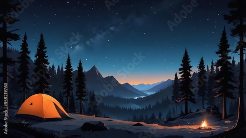 Landscape illustration background of an orange tent camping in nature under the starry night sky and surrounded by forests and mountains