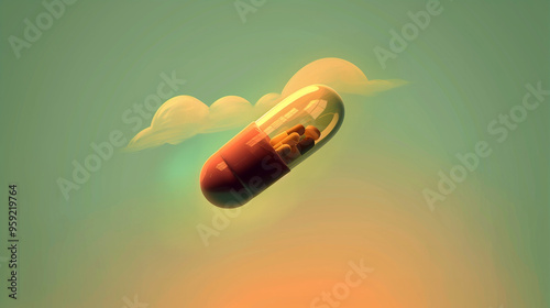 Retro depiction of a pill flying in the sky among the clouds.
Life can be good photo