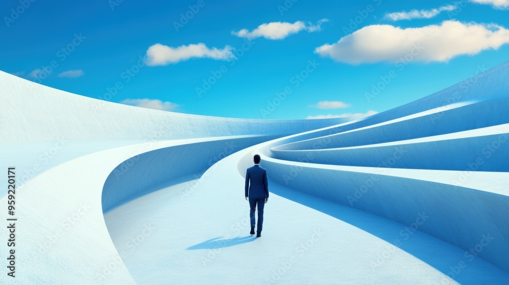 Obraz premium A man walking down a long curved path in the sky, AI