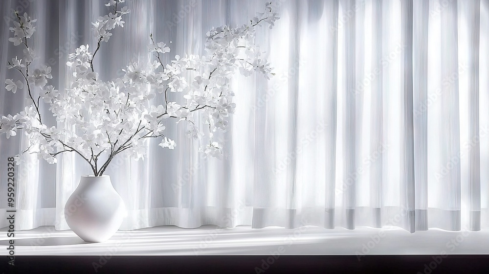 A white vase brimming with white blossoms perched atop a table, beside a window draped in white curtains A white vase brimming with white blossoms perched atop a table, beside a window draped in white curtains