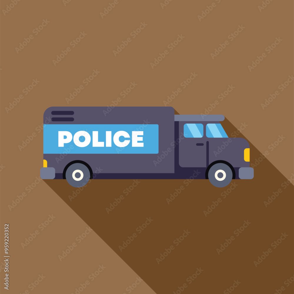 Dark blue police truck parked casting a long shadow over a brown background Dark blue police truck parked casting a long shadow over a brown background
