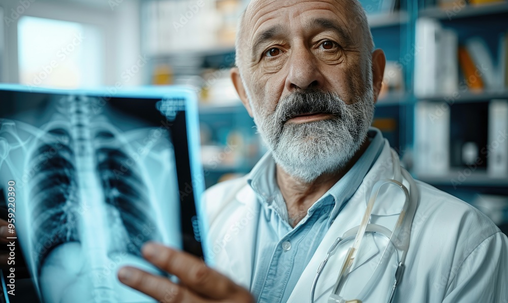 Doctor Examining Patient’s X-Ray on a Lightbox with Serious Concentration and Medical Charts in the Background Doctor Examining Patient’s X-Ray on a Lightbox with Serious Concentration and Medical Charts in the Background