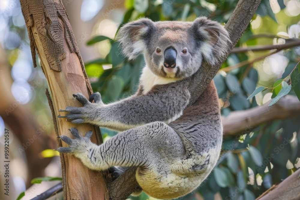Obraz premium a koala bear is sitting in a tree koala doing gymnastics on a eucalyptus tree branch