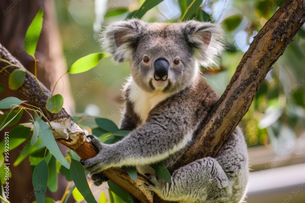 Naklejka premium a koala bear is sitting in a tree koala doing gymnastics on a eucalyptus tree branch