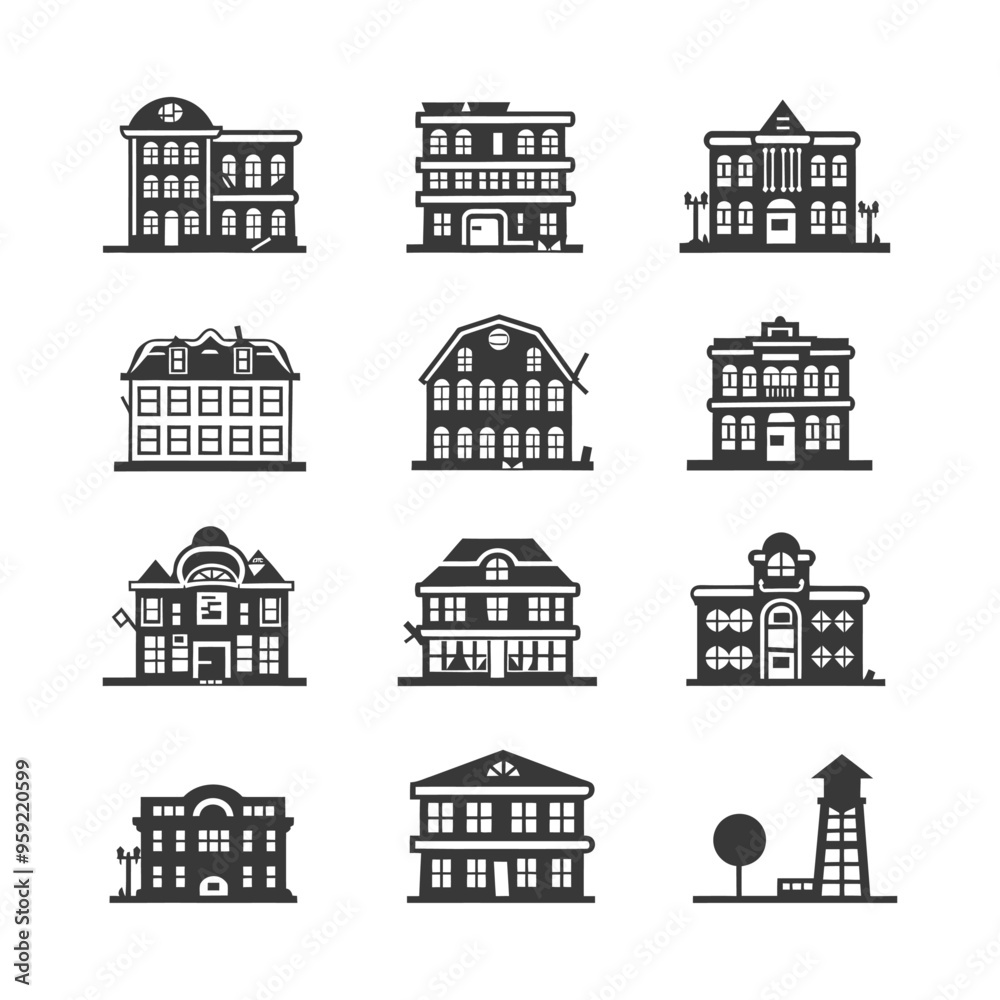 Naklejka premium Collection of Black and White Building Icons