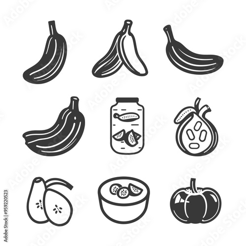 Set of black and white icons with whole and sliced cucumbers and tomatoes