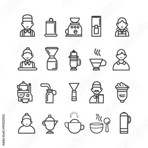 Line Art Icons of Coffee Shop Employees and Equipment