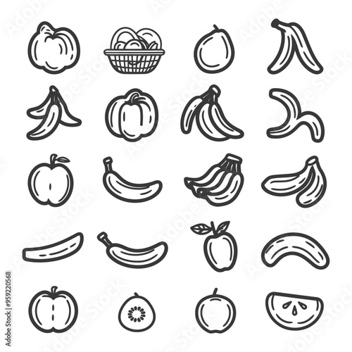 A Collection of Hand Drawn Fruit and Banana Peels