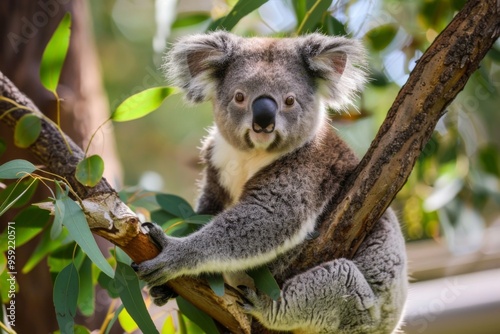 a koala bear is sitting in a tree koala doing gymnastics on a eucalyptus tree branch