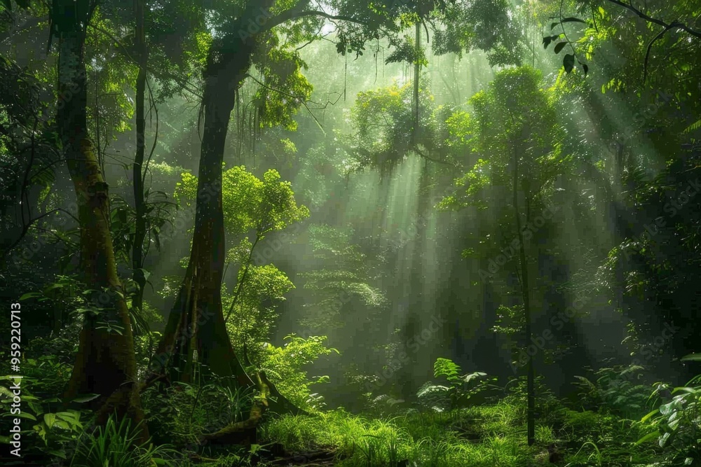a forest with sunbeams shining through the trees lush forest with sunlight filtering through the trees
