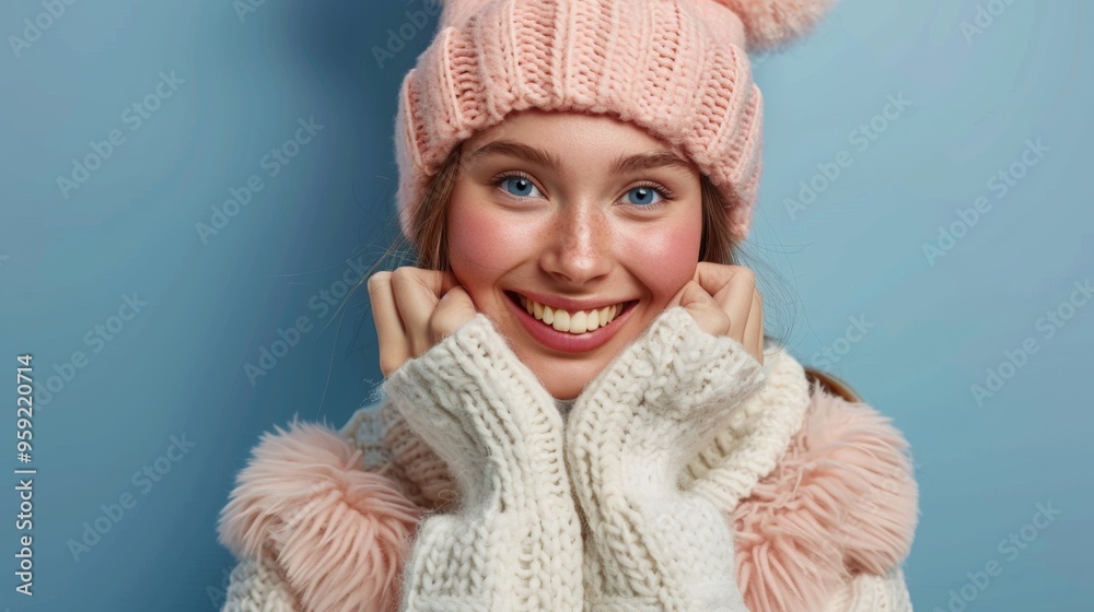 beautiful woman smiling at camera in woolen coat and pink hat on blue background beautiful woman smiling at camera in woolen coat and pink hat on blue background