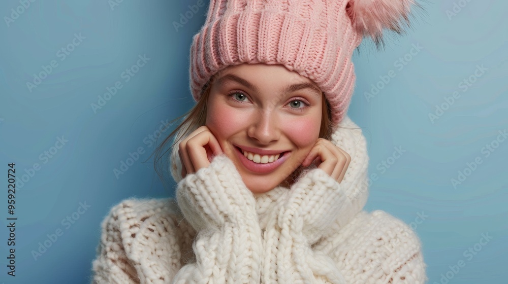 beautiful woman smiling at camera in woolen coat and pink hat on blue background beautiful woman smiling at camera in woolen coat and pink hat on blue background