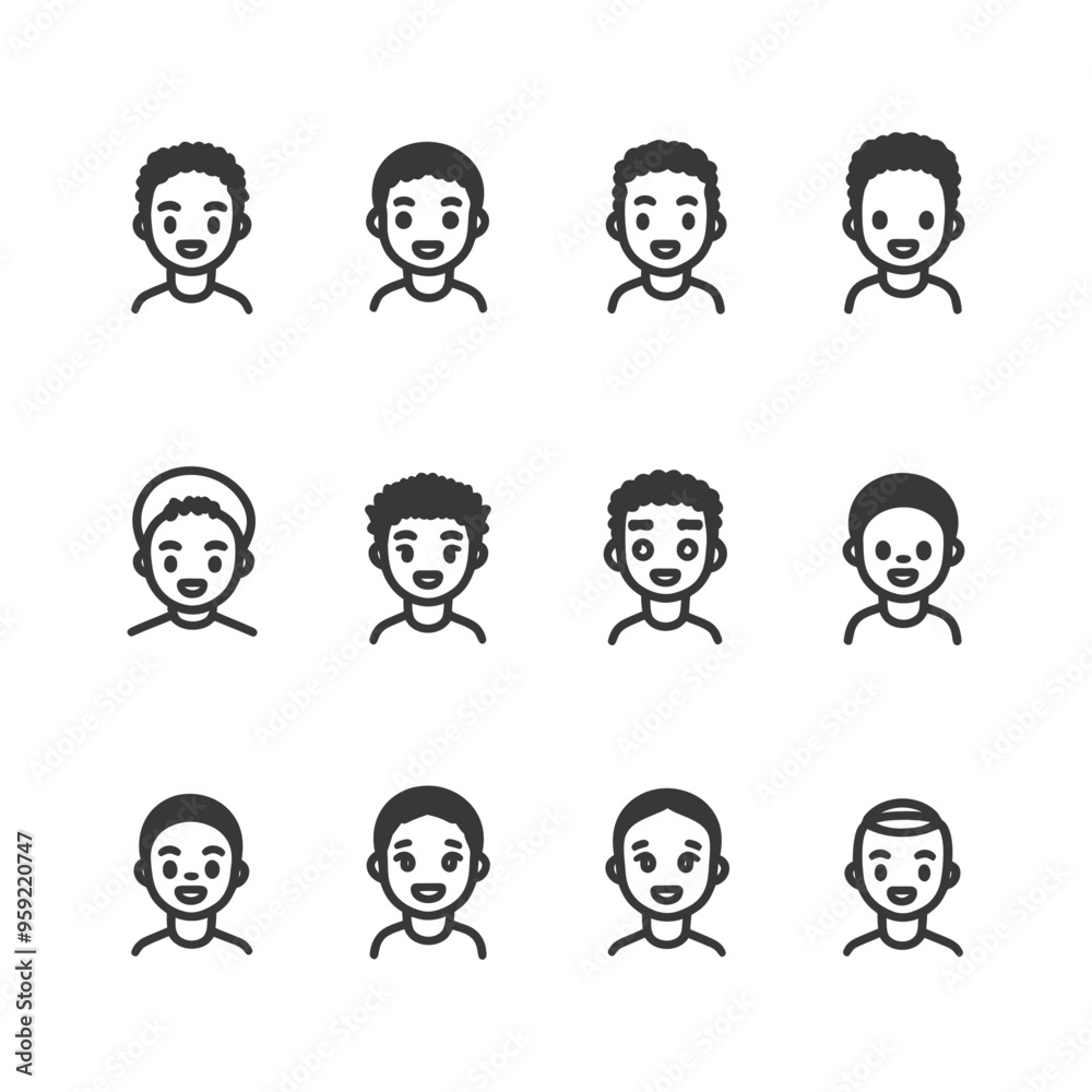 Set of 12 Male Cartoon Faces with Different Hairstyles Set of 12 Male Cartoon Faces with Different Hairstyles