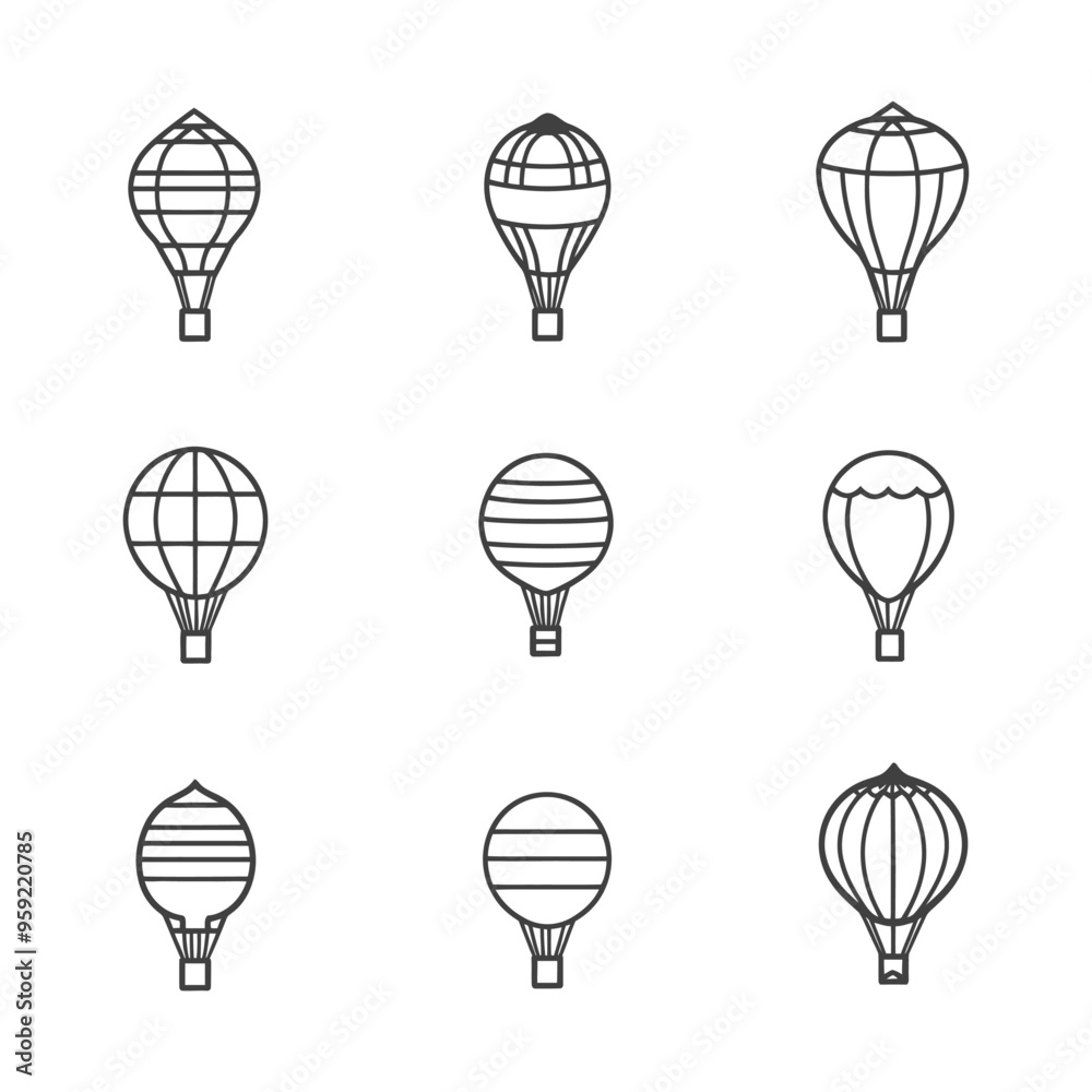 Nine Outline Hot Air Balloons with Different Designs Nine Outline Hot Air Balloons with Different Designs