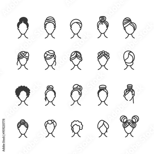 Collection of Female Hairstyle Icons in Outline Style