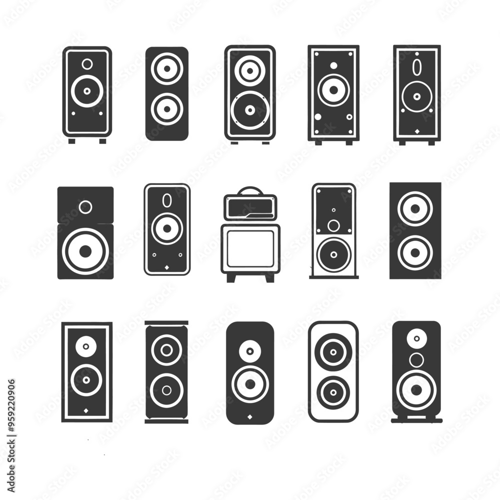 A Collection of 14 Different Speaker Icons in Black and White A Collection of 14 Different Speaker Icons in Black and White