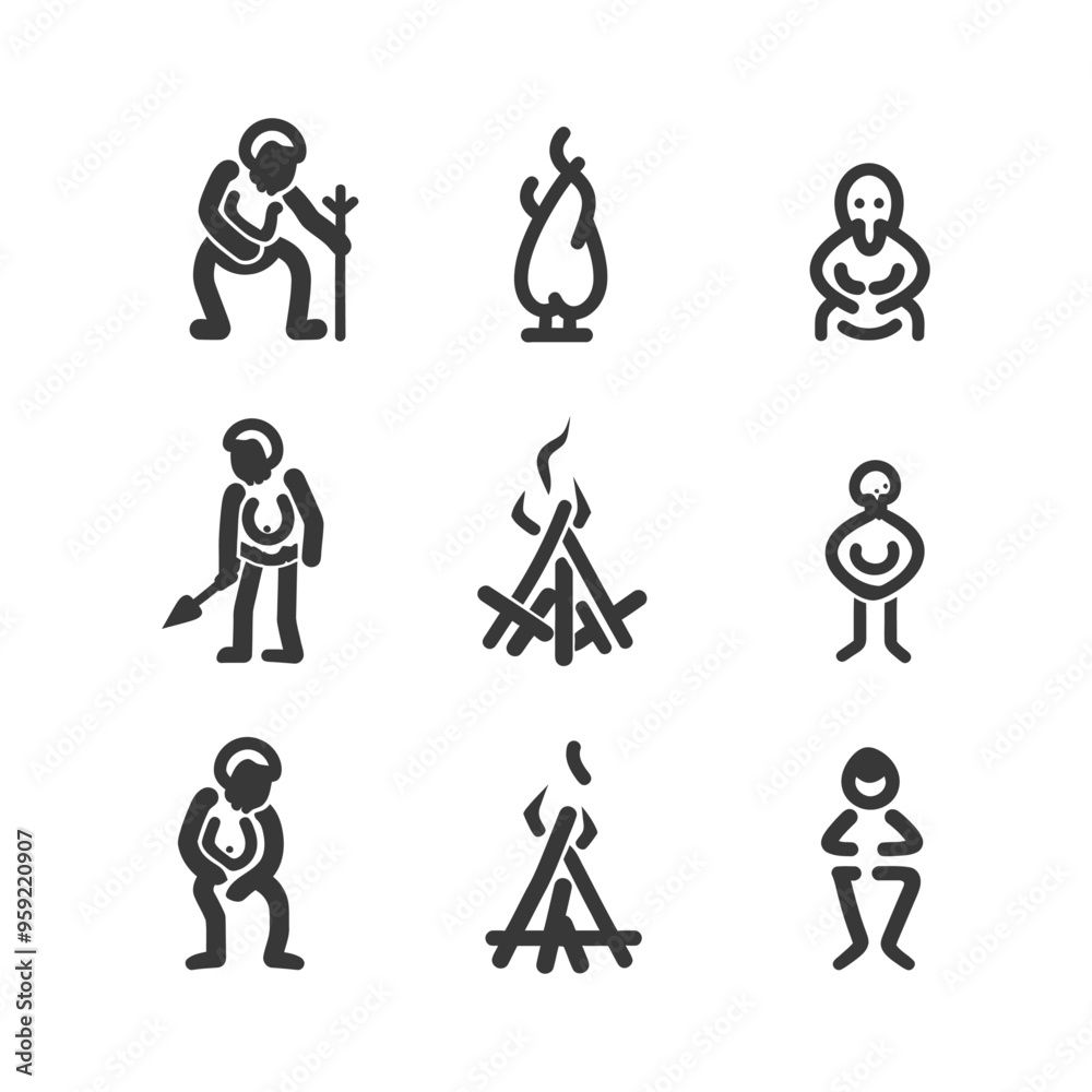 Set of Simple Caveman Icons with Fire and Weapons Set of Simple Caveman Icons with Fire and Weapons