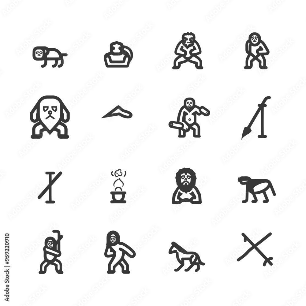 Set of Black and White Caveman Animal and Tool Icons Set of Black and White Caveman Animal and Tool Icons