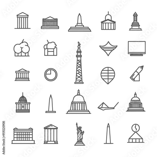 Outline Icons of Famous Landmarks and Monuments