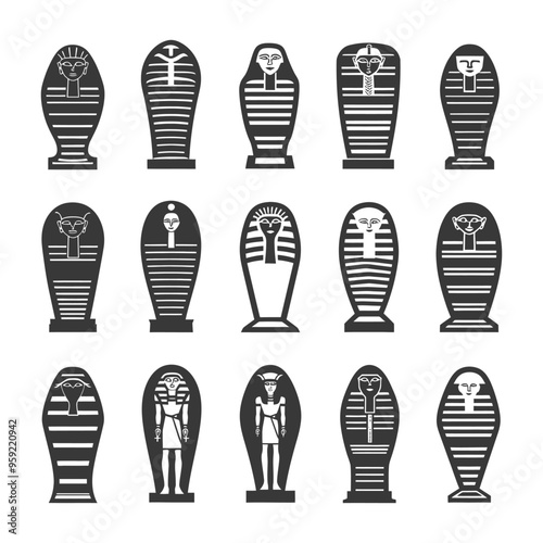 A Collection of Black and White Egyptian Sarcophagi and Statues