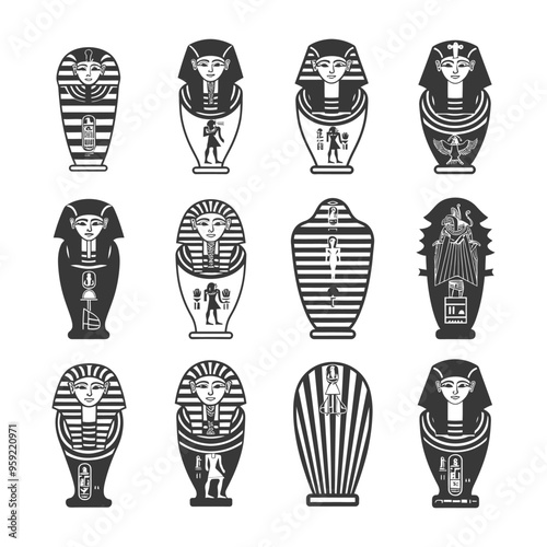A Collection of Egyptian Sarcophagi with Intricate Designs