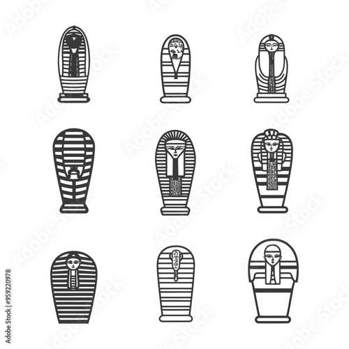 Set of nine black and white stylized Egyptian sarcophagi with hieroglyphs